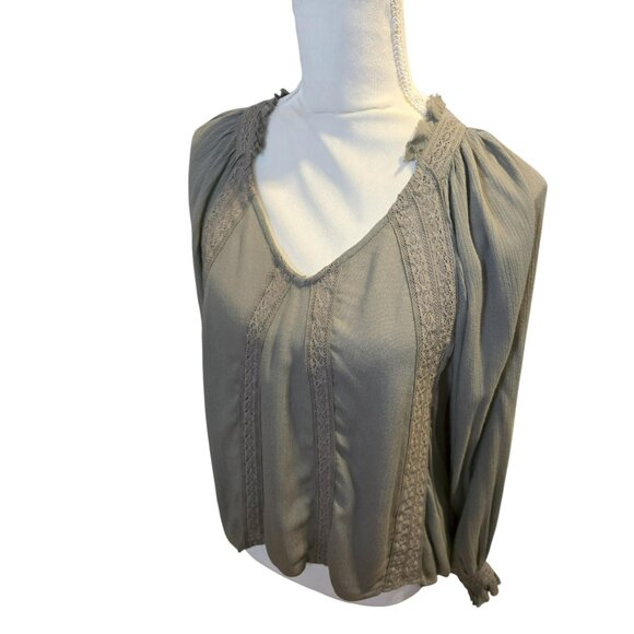 Millibon Olive Green Flowy Long Sleeve Top with Embroidery in Size Medium - Picture 4 of 6